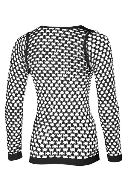 Rugpand van het zwarte visnet shirt dames met grote ovale mazen
