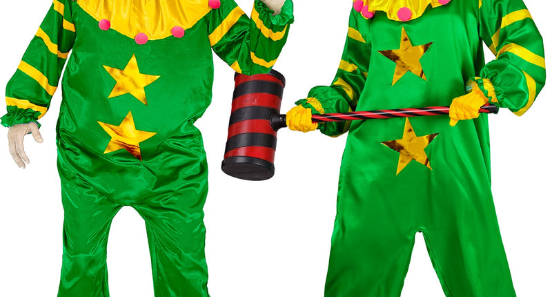 Ruimte horror clown kostuum Mees, groene jumpsuit met gele kraag en gouden sterren, voor Halloween