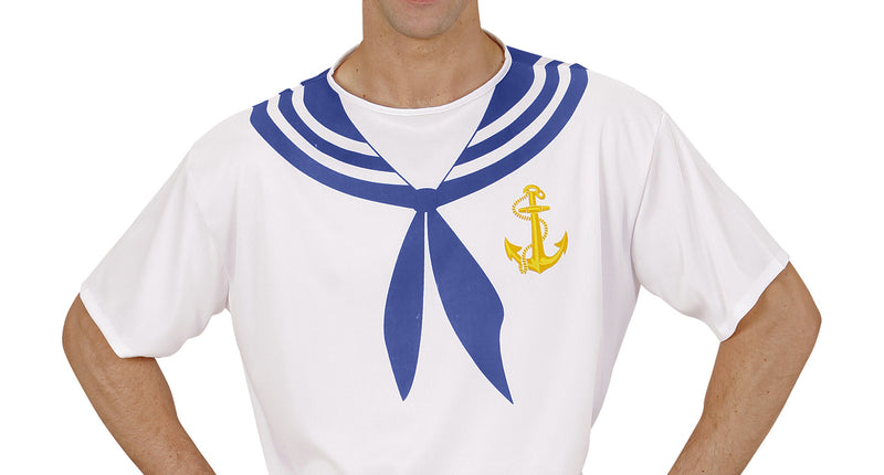 Sailor T-shirt wit met blauwe matrozenkraag en geel anker, gedragen met matrozenhoedje