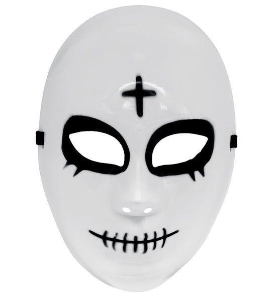 Satanisch masker wit hard kunststof met zwart omgekeerd kruis en gestikte mond, vooraanzicht