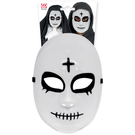 Satanisch masker wit in verpakking, gezichtsmasker met zwarte oogvlakken voor Halloween