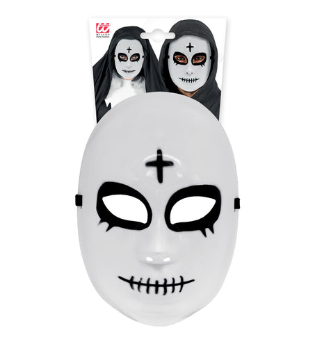Satanisch masker wit in verpakking, gezichtsmasker met zwarte oogvlakken voor Halloween