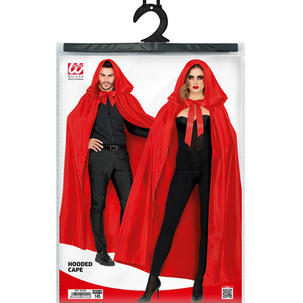 Satijnen cape rood met muts in verpakking met hanger, lengte 145 cm vermeld