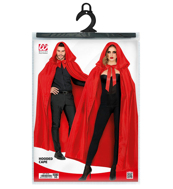 Satijnen cape rood met muts in verpakking met hanger, lengte 145 cm vermeld