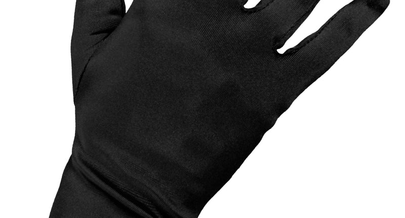 Satijnen handschoen zwart van 20 cm met glanzende satijnlook en omgezoomde boord over de pols