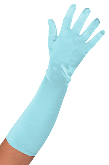 Satijnen handschoenen blauw 40 cm, lichtblauw glanzend model tot over de onderarm voor een galafeest