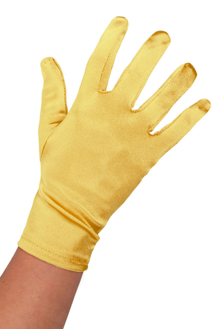 Satijnen handschoenen goud, glanzend goudgeel model van 20 cm dat tot net over de pols valt