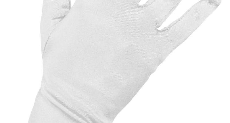 Satijnen handschoenen wit, kort model met glanzende afwerking en smalle boord tot over de pols