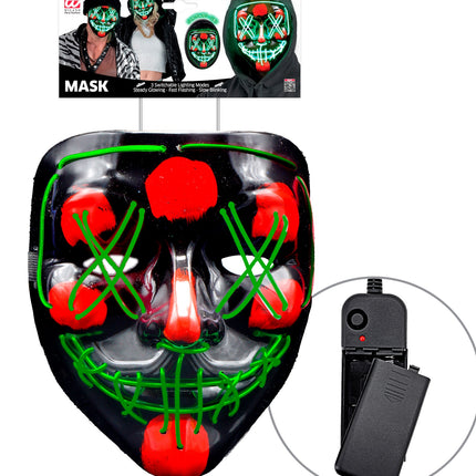 Scary masker groen led in de verpakking van Widmann met batterijkastje en groene lichtdraden