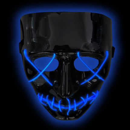 Scary masker met licht in het donker, blauw oplichtende kruisjesmond en kruisen over de ogen, voor Halloween