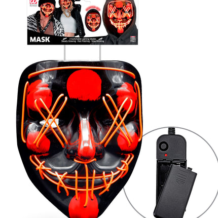 Scary masker rood led in verpakking van Widmann met batterijkastje ernaast