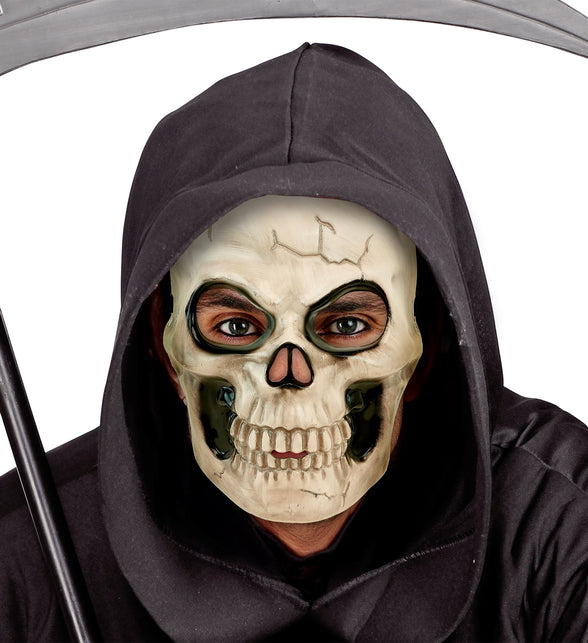 Schedel masker kunststof in dodenbode-look met zwarte kap voor een griezelfeest
