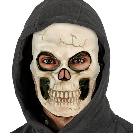 Schedel masker kunststof op model, doodskop bedekt gezicht tot onder de kin