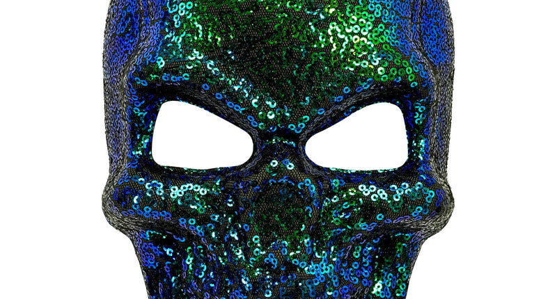 Schedel masker pailletten in blauw en groen, doodskopvorm met grote oogopeningen