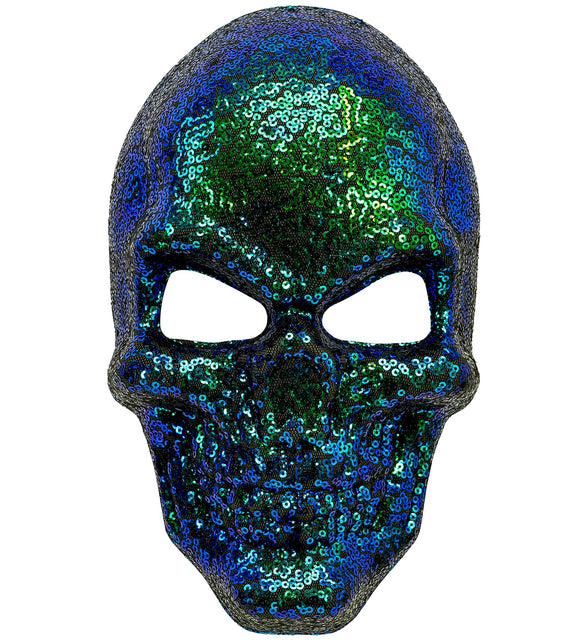 Schedel masker pailletten in blauw en groen, doodskopvorm met grote oogopeningen