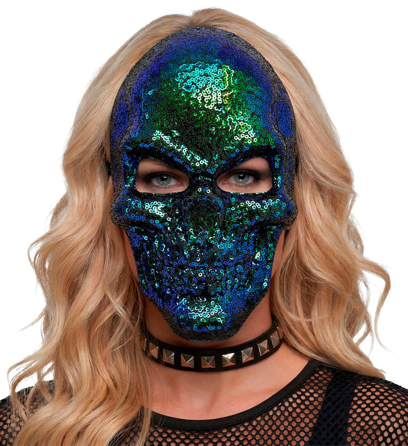 Schedel masker pailletten op dames model, blauwgroene glans over het hele gezicht