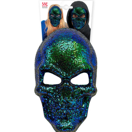 Schedel masker pailletten op verpakkingskaart, glinsterende doodskop voor Halloween