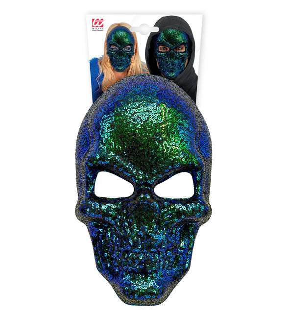 Schedel masker pailletten op verpakkingskaart, glinsterende doodskop voor Halloween