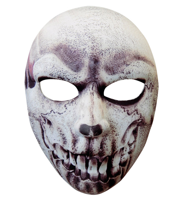 Schedel masker van stof in gebroken wit met grijze botprint en open oogopeningen voor Halloween