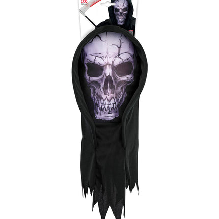 Schedelmasker met capuchon voor heren in verpakking, lichtgrijze schedelprint op zwarte kap