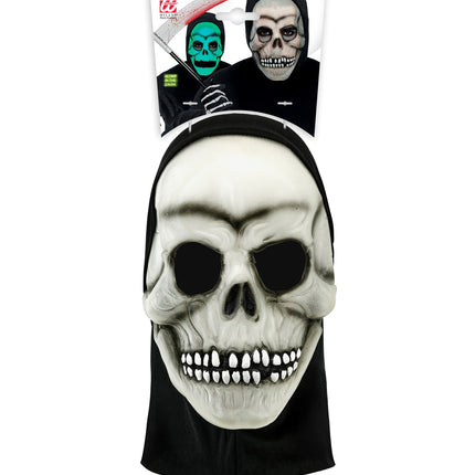 Schedelmasker met capuchon in verpakking, botkleurige latex schedel met witte tanden