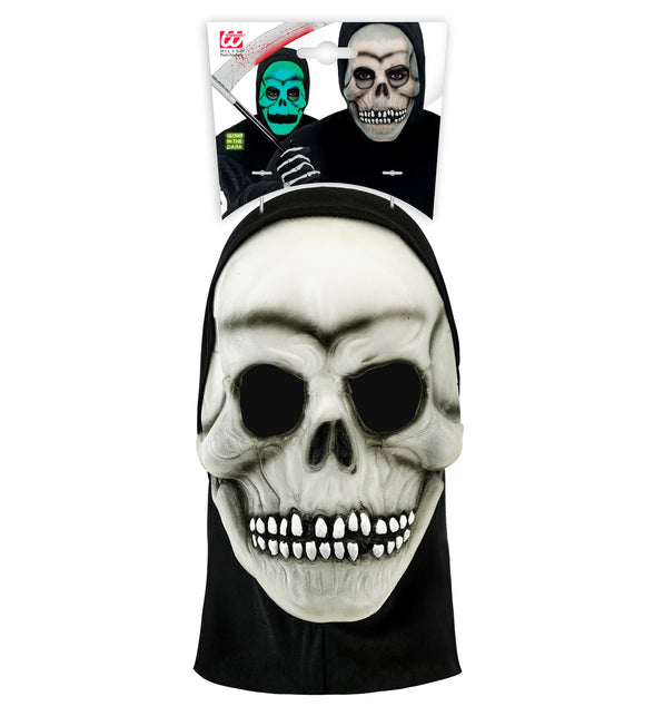 Schedelmasker met capuchon in verpakking, botkleurige latex schedel met witte tanden