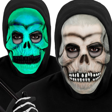 Schedelmasker gedragen: links groene nagloed, rechts botkleurige schedel bij daglicht