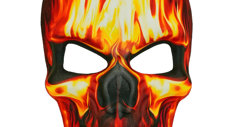 Schedelmasker met vlammen in rood, oranje en geel, halfmasker van stof voor Halloween