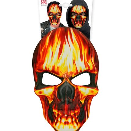 Schedelmasker met vlammen op verpakkingskaart met zwarte oogkassen en grijnzend gebit