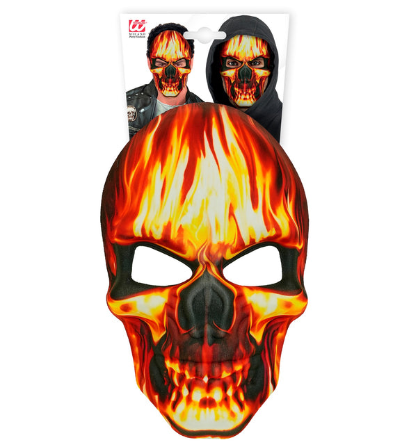 Schedelmasker met vlammen op verpakkingskaart met zwarte oogkassen en grijnzend gebit