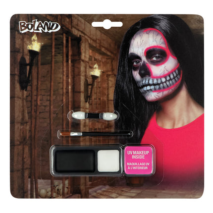 Schminkkit UV skull van Boland op kaart met zwarte en witte vetschmink, roze UV poeder, kwastje en applicator