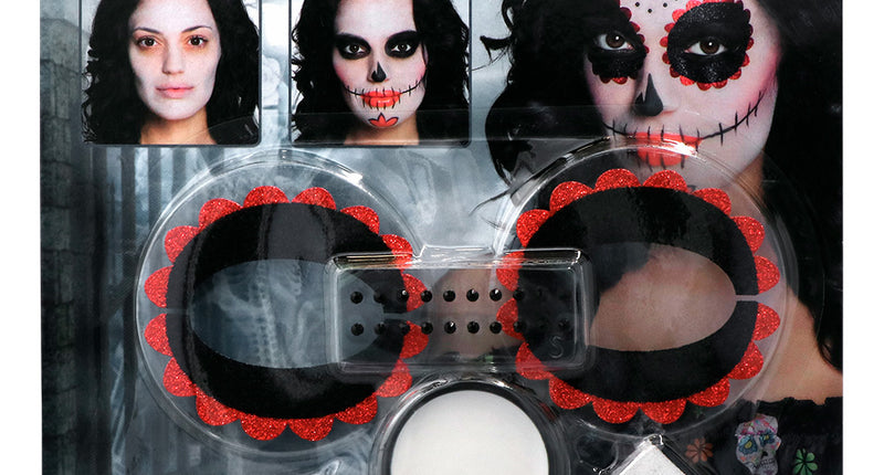 Schminkset Day of the dead met zwarte glitter-oogdecoraties, 20 steentjes, witte vetschmink en sponsje