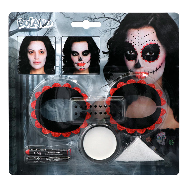 Schminkset Day of the dead met zwarte glitter-oogdecoraties, 20 steentjes, witte vetschmink en sponsje