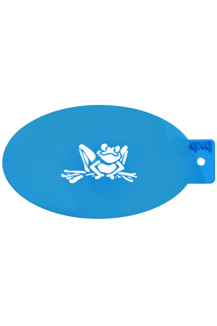 Schminksjabloon kikker van blauw plastic met ovale vorm en uitgesneden kikkermotief voor schminken