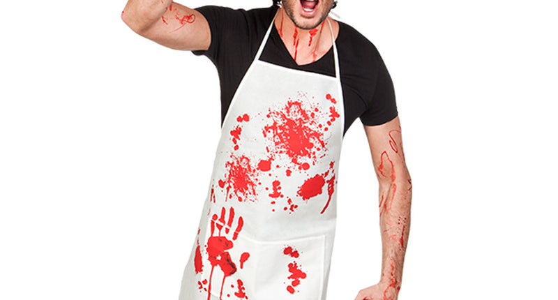 Schort Bloody wit keukenschort met rode bloedspatten en handafdruk, gedragen over zwart shirt voor Halloween