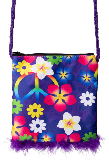 Schoudertasje flower power paars met bloemenprint, vredesteken en pluizige rand aan gevlochten koord