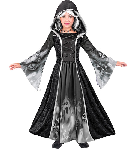 Schreeuwende zielen jurk Olivia, zwarte kinderjurk met kap en grijze spookprint op mouwen en rok voor Halloween