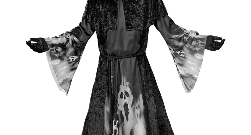 Schreeuwende zielen kostuum jongens: zwart gewaad met kap, capelet en grijze spookprint voor Halloween