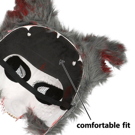 Schuine blik op de gevoerde binnenkant van het weerwolf halfmasker met grijze pluche oren