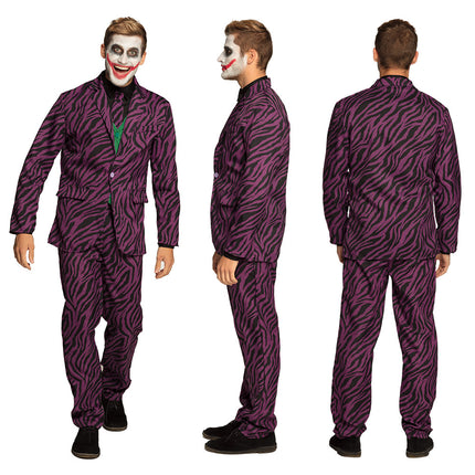 Schurk kostuum paars zebraprint van voor, zij en achter, jasje en broek in dezelfde print