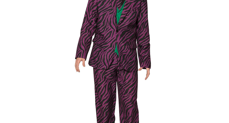 Schurk kostuum paars met zwart zebraprint, jasje met stropdas en lange broek, voor Halloween