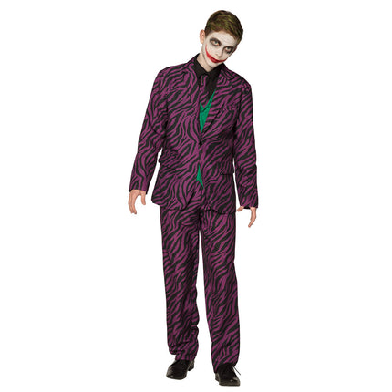 Schurk kostuum paars met zwart zebraprint, jasje met stropdas en lange broek, voor Halloween