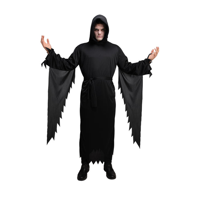 Scream kostuum zwart: lang zwart gewaad met capuchon en gerafelde mouwen voor Halloween