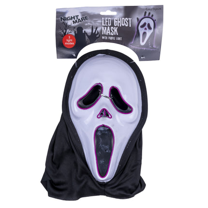 Scream masker met licht in verpakking met drie lichtstanden en zwarte stoffen kap