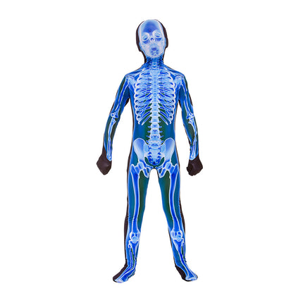 Second skin kostuum met skelet print in blauw en wit, eendelig met hoofdbedekking, voor jongens op Halloween