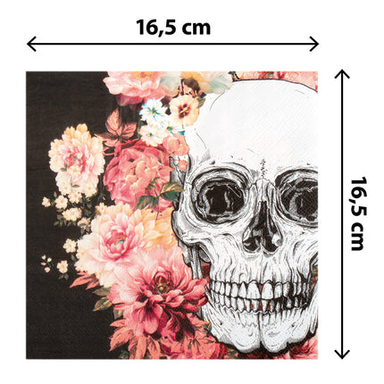 Servet Day of the Dead gevouwen, 16,5 x 16,5 cm, met schedel- en bloemenprint