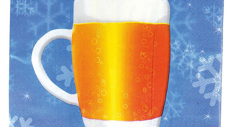 Servetten bier print met schuimende bierpul op blauwe ondergrond met sneeuwvlokken, voor Oktoberfest