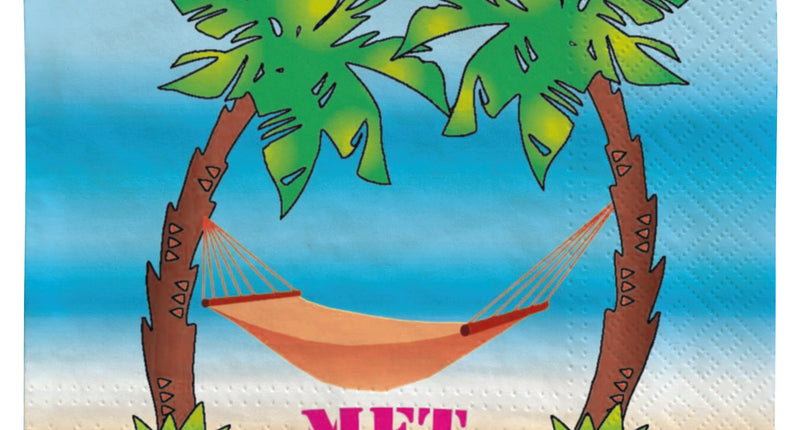 Servetten met pensioen met palmbomen, oranje hangmat en roze tekst op strandachtergrond