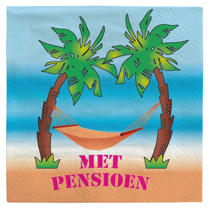 Servetten met pensioen met palmbomen, oranje hangmat en roze tekst op strandachtergrond