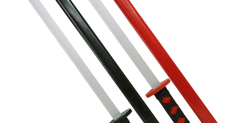 Set van 2 katana met schede: houten zwaarden met zilveren kling en zwart-rode schede